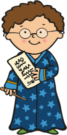 Child wizard cartoon, wearing a starry blue robe holding paper